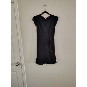 Monteau Los Angeles Black Wrap Dress Flutter Sleeve Ruffle Hem V-Neck Medium